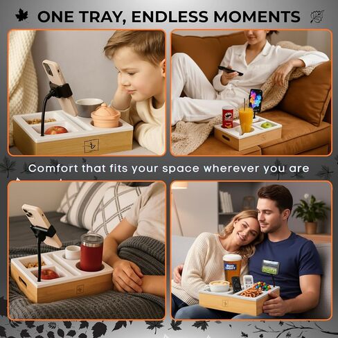 Couch Caddy with Cup Holder Tray Silicone & Bamboo with a Fully Flexible 360° Phone Mount That adapts to Any Viewing Angle – Multifunctional Organizer. in Saudi Arabia