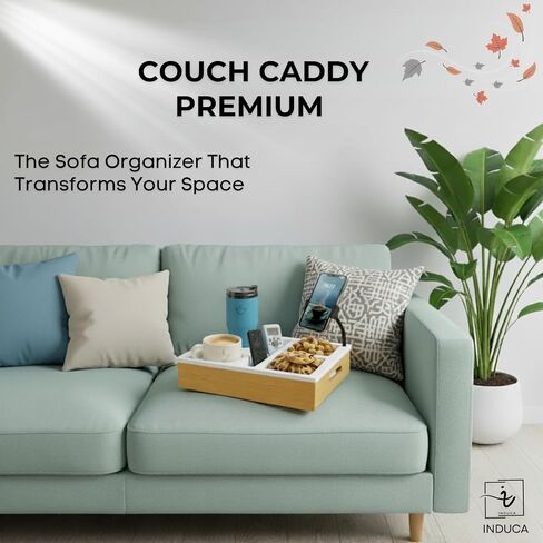 Couch Caddy with Cup Holder Tray Silicone & Bamboo with a Fully Flexible 360° Phone Mount That adapts to Any Viewing Angle – Multifunctional Organizer. in Saudi Arabia