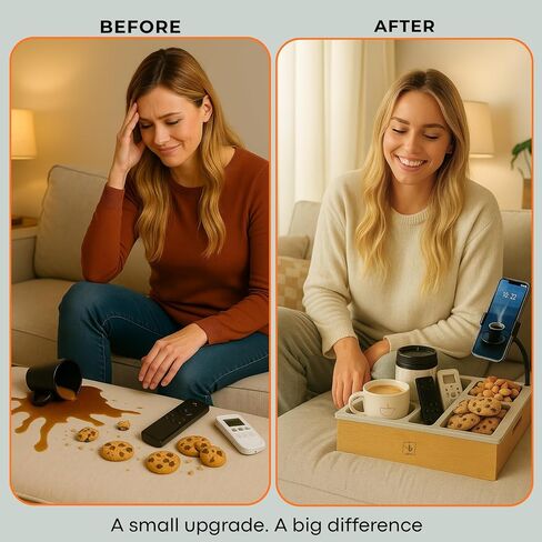 Couch Caddy with Cup Holder Tray Silicone & Bamboo with a Fully Flexible 360° Phone Mount That adapts to Any Viewing Angle – Multifunctional Organizer. in Saudi Arabia