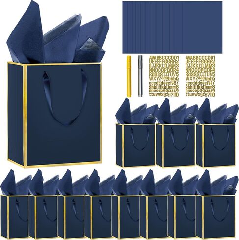 12 Pack DIY Metallic Paper ، شكرًا لك أكياس هدايا مع مقابض ، ورق الأنسجة وأقلام الطلاء ، 9 "x7" x3 "5 أكياس هدايا مع ملصقات له وله ، مناسبة لأعياد الميلاد وحفلات الزفاف والاستحمام الصغير والعطلات وغيرها من المناسبات (الأزرق البحري ، الذهب) in Kuwait