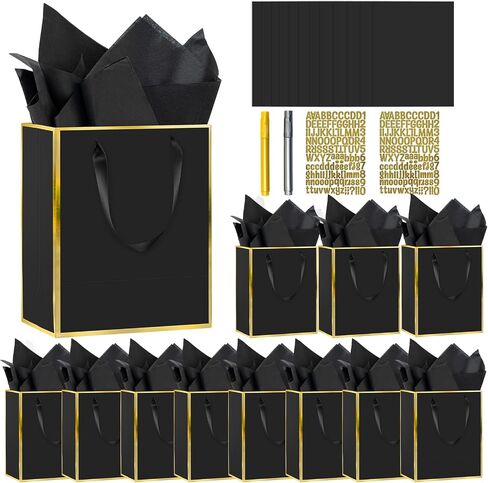 12 Pack DIY Metallic Paper Thank You Gift Bags With Handles, Tissue Paper and Painting Pens, 9"x7"x3" 5 Senses Gift Bags With Labels for Him and Her, Suitable for Birthdays, Weddings, Baby Showers, Holidays and Other Occasions (Navy Blue, Gold) in Saudi Arabia
