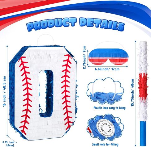 HyDren Baseball Piñata with Blindfold Bat Confetti 16 Inch Baseball Number Piñata Sports Theme Party Decoration Supplies for 1st 2nd 8th Birthday Softball Party Decor(Number 8) in Saudi Arabia