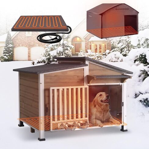 Dog House في الهواء الطلق لسلالة كبيرة مع إطار حديدي مضاد للاحتياج ، وتربية الجرو المقاومة للحرارة مع أوعية دوارة 360 درجة ، وقفص الكلاب للكلاب الصغيرة والمتوسطة خارج (بني فاتح) in Kuwait
