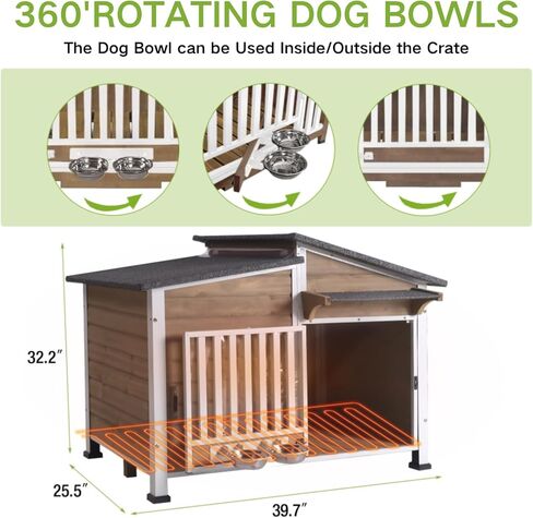 Dog House في الهواء الطلق لسلالة كبيرة مع إطار حديدي مضاد للاحتياج ، وتربية الجرو المقاومة للحرارة مع أوعية دوارة 360 درجة ، وقفص الكلاب للكلاب الصغيرة والمتوسطة خارج (بني فاتح) in Kuwait