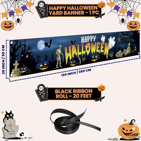 Katchon Happy Halloween Banners For Outside-120x20 Inch Orange And Black Yard Sign | Halloween Decorations Outdoor Banner | Summerween Party Decorations | Happy halloween Banner,summerween decorations in Saudi Arabia