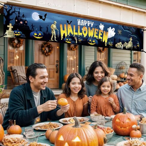 Katchon Happy Halloween Banners For Outside-120x20 Inch Orange And Black Yard Sign | Halloween Decorations Outdoor Banner | Summerween Party Decorations | Happy halloween Banner,summerween decorations in Saudi Arabia