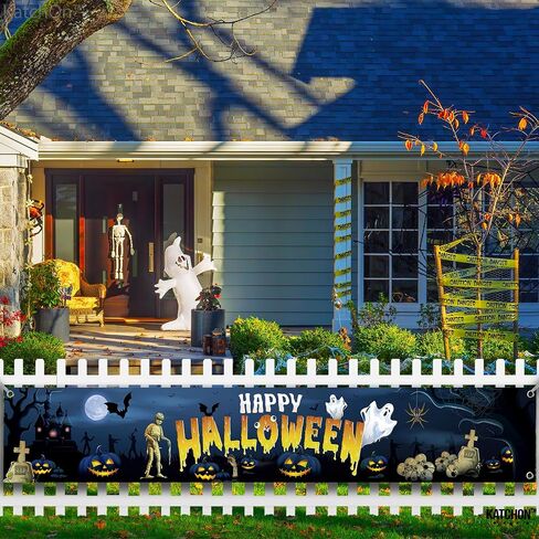 Katchon Happy Halloween Banners For Outside-120x20 Inch Orange And Black Yard Sign | Halloween Decorations Outdoor Banner | Summerween Party Decorations | Happy halloween Banner,summerween decorations in Saudi Arabia