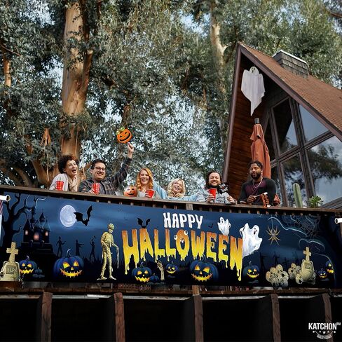 Katchon Happy Halloween Banners For Outside-120x20 Inch Orange And Black Yard Sign | Halloween Decorations Outdoor Banner | Summerween Party Decorations | Happy halloween Banner,summerween decorations in Saudi Arabia