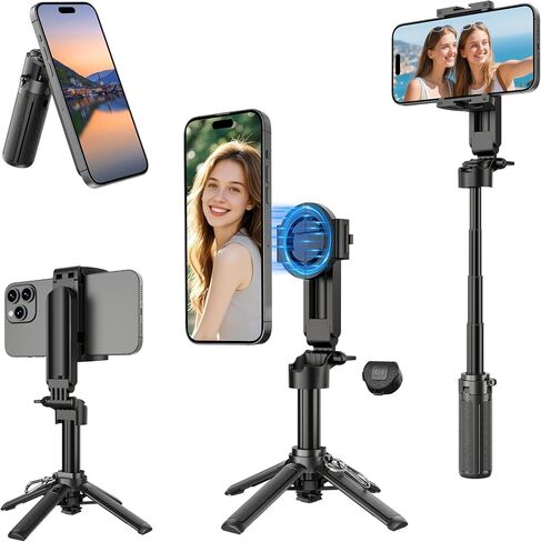عصا سيلفي مغناطيسية صغيرة لهاتف iPhone، حامل ثلاثي محمول بحجم الجيب 4 في 1 لهاتف iPhone MagSafe/Android مع جهاز تحكم عن بعد/حذاء بارد، حامل ثلاثي للهاتف الخلوي صغير/مدمج للسفر المكتبي - أسود in Saudi Arabia