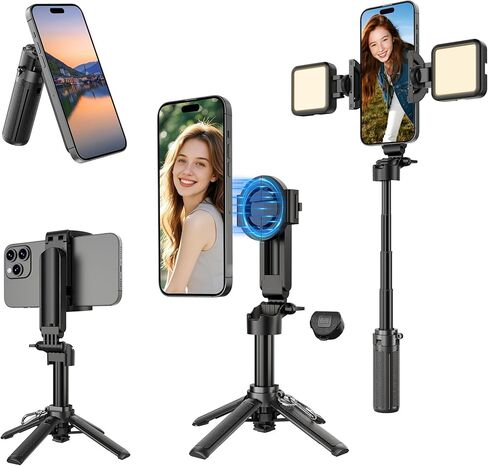 عصا سيلفي مغناطيسية صغيرة لهاتف iPhone، حامل ثلاثي محمول بحجم الجيب 4 في 1 لهاتف iPhone MagSafe/Android مع جهاز تحكم عن بعد/حذاء بارد، حامل ثلاثي للهاتف الخلوي صغير/مدمج للسفر المكتبي - أسود in Kuwait