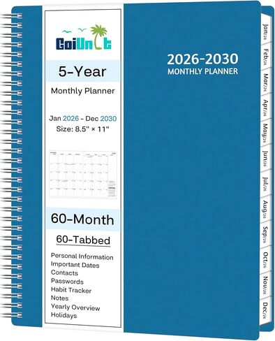 Monthly Planner 2026-2030, 5-Year Calendar Planner 2026-2030, Jan 2026 – Dec 2030, 8.5 x 11 In, Ruled Spread, Flexible Cover, Spiral Wirebound, Pocket, 60 Coated Monthly Tabs, Notes ＆ Habit Tracker, A4 Planner, Blue in Kuwait