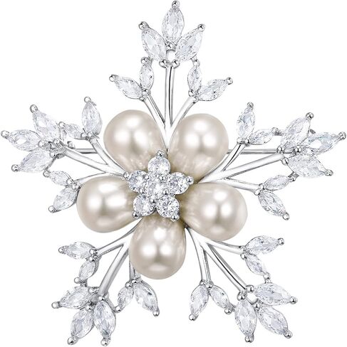 EleQueen Women's Silver-tone CZ Simulated Pearl Winter Snowflake Christmas Brooch Pin Ivory Color in Saudi Arabia