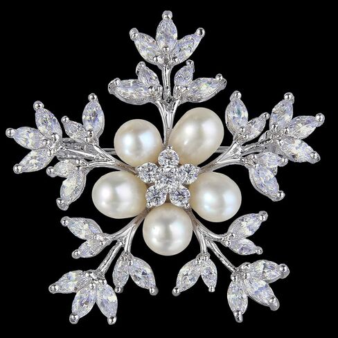 EleQueen Women's Silver-tone CZ Simulated Pearl Winter Snowflake Christmas Brooch Pin Ivory Color in Saudi Arabia