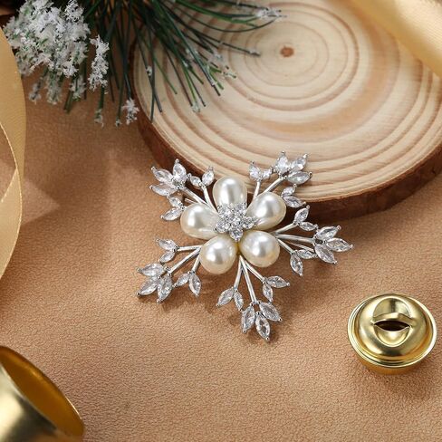 EleQueen Women's Silver-tone CZ Simulated Pearl Winter Snowflake Christmas Brooch Pin Ivory Color in Saudi Arabia