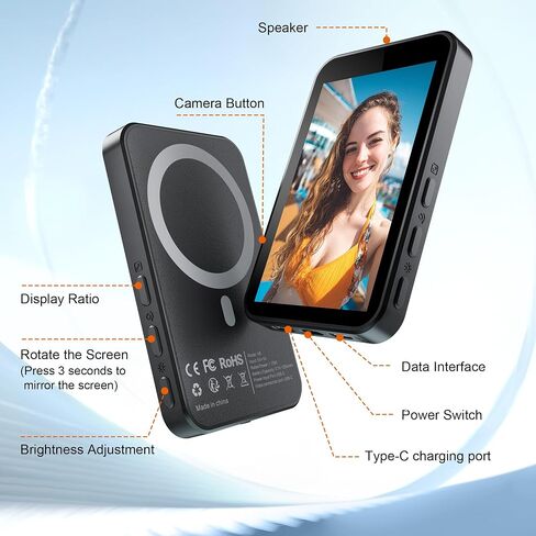Phone Vlog Selfie Monitor Screen Wireless Magnetic Back Camera Monitor 4K 30fps Bluetooth Remote No Delay Rear Camera for Selfie Vlog Live Stream, in Saudi Arabia