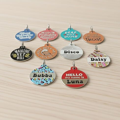 Personalized Dog & Cat ID Tags - Choose from 25+ Tag Designs - Free 5 Lines Custom Engraved - Unique, Cute, Funny, Sassy Pet Tag (Hello My Name is Badge - Teal, Small (1 inch)) in Saudi Arabia