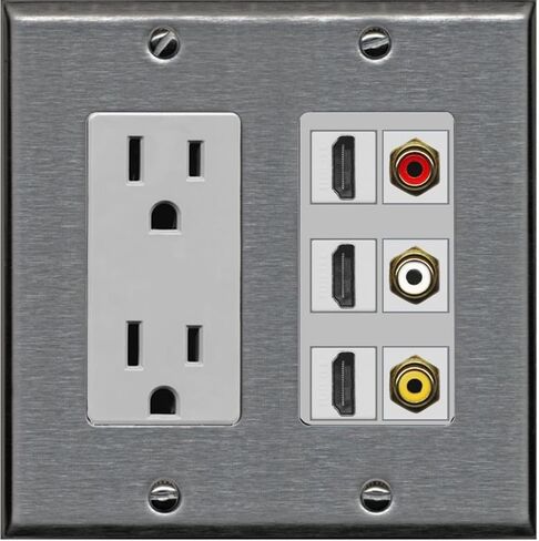 RiteAV - 2 x 15 Amp 125V Power Outlet 3 x HDMI and 3 x RCA Port Wall Plate - Stainless Steel/Gray in Saudi Arabia