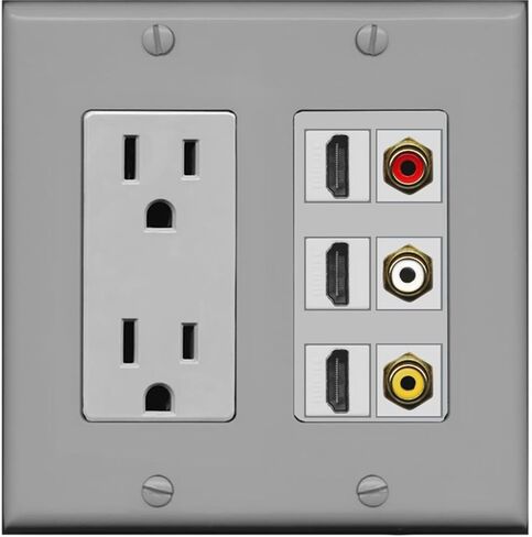 RiteAV - 2 x 15 Amp 125V Power Outlet 3 x HDMI and 3 x RCA Port Wall Plate - Stainless Steel/Gray in Saudi Arabia