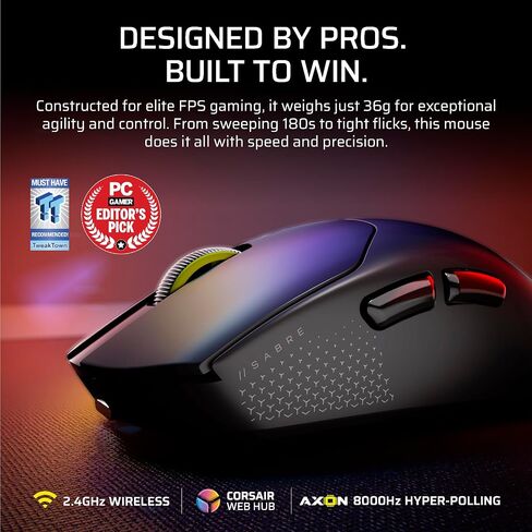 Corsair Sabre v2 PRO Ultralight FPS Wireless Gaming Mouse – 33,000 DPI, 36g Weight, 8,000Hz Hyper-Polling, Mechanical Switches, Up to 70-Hour Wireless Battery Life, Web Hub – Black in Saudi Arabia