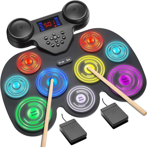 Electronic Drum Set with 7 Colorful LED Light Patterns, Enhanced Rebound Feel Drum Kit Featuring Bluetooth MIDI, Dual Speakers and 9 Drum Pads, for Kids and Adult Beginners in Saudi Arabia