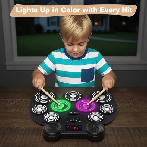 Electronic Drum Set with 7 Colorful LED Light Patterns, Enhanced Rebound Feel Drum Kit Featuring Bluetooth MIDI, Dual Speakers and 9 Drum Pads, for Kids and Adult Beginners in Saudi Arabia
