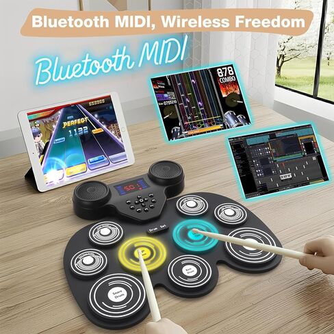 Electronic Drum Set with 7 Colorful LED Light Patterns, Enhanced Rebound Feel Drum Kit Featuring Bluetooth MIDI, Dual Speakers and 9 Drum Pads, for Kids and Adult Beginners in Saudi Arabia