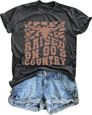 Raised on 90’s Country Shirts Womens Country Music T Shirts Country Concert Short Sleeve Top Vintage Letter Print Tee Tops in Kuwait