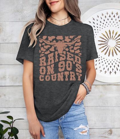 Raised on 90’s Country Shirts Womens Country Music T Shirts Country Concert Short Sleeve Top Vintage Letter Print Tee Tops in Kuwait