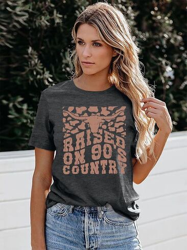 Raised on 90’s Country Shirts Womens Country Music T Shirts Country Concert Short Sleeve Top Vintage Letter Print Tee Tops in Kuwait