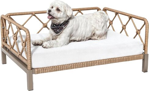 Dog Bed with Cushion, Cooling Elevated Raised Beds with Rattan Breathable Mesh and Universal Mat, Indoor & Outdoor Pet Cots for Small Dog, Brown in Kuwait