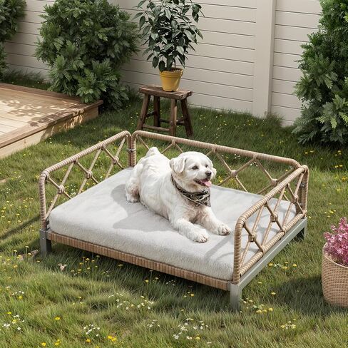 Dog Bed with Cushion, Cooling Elevated Raised Beds with Rattan Breathable Mesh and Universal Mat, Indoor & Outdoor Pet Cots for Small Dog, Brown in Kuwait