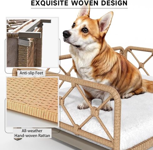 Dog Bed with Cushion, Cooling Elevated Raised Beds with Rattan Breathable Mesh and Universal Mat, Indoor & Outdoor Pet Cots for Small Dog, Brown in Kuwait