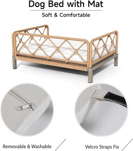 Dog Bed with Cushion, Cooling Elevated Raised Beds with Rattan Breathable Mesh and Universal Mat, Indoor & Outdoor Pet Cots for Small Dog, Brown in Kuwait