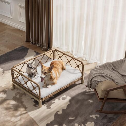 Dog Bed with Cushion, Cooling Elevated Raised Beds with Rattan Breathable Mesh and Universal Mat, Indoor & Outdoor Pet Cots for Small Dog, Brown in Kuwait