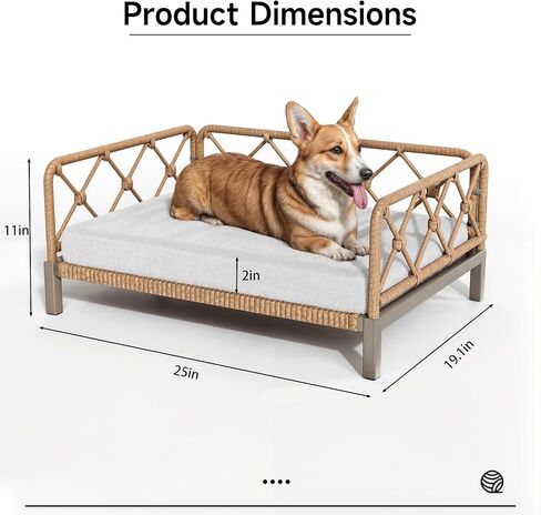 Dog Bed with Cushion, Cooling Elevated Raised Beds with Rattan Breathable Mesh and Universal Mat, Indoor & Outdoor Pet Cots for Small Dog, Brown in Kuwait
