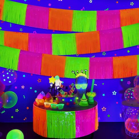 Mega-L Glow in The Dark Party Supplies, 4 Pack Foil Fringe Garland Birthday Party Decorations 9.8 ft Fluorescent Macaron Yellow Metallic Tinsel Streamers Banner, Glitter Photo Booth Prop Table Skirt in Kuwait
