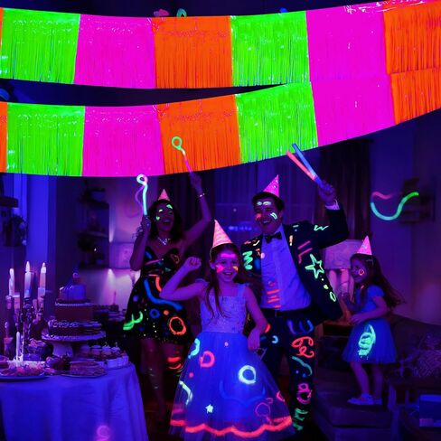 Mega-L Glow in The Dark Party Supplies, 4 Pack Foil Fringe Garland Birthday Party Decorations 9.8 ft Fluorescent Macaron Yellow Metallic Tinsel Streamers Banner, Glitter Photo Booth Prop Table Skirt in Kuwait