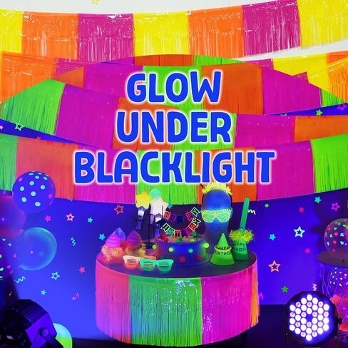 Mega-L Glow in The Dark Party Supplies, 4 Pack Foil Fringe Garland Birthday Party Decorations 9.8 ft Fluorescent Macaron Yellow Metallic Tinsel Streamers Banner, Glitter Photo Booth Prop Table Skirt in Kuwait