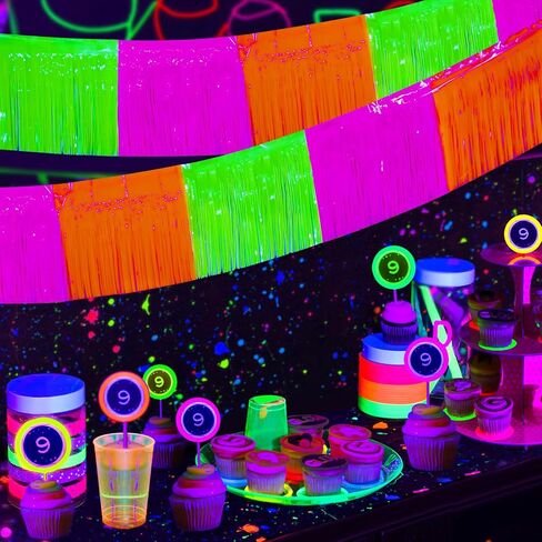 Mega-L Glow in The Dark Party Supplies, 4 Pack Foil Fringe Garland Birthday Party Decorations 9.8 ft Fluorescent Macaron Yellow Metallic Tinsel Streamers Banner, Glitter Photo Booth Prop Table Skirt in Kuwait
