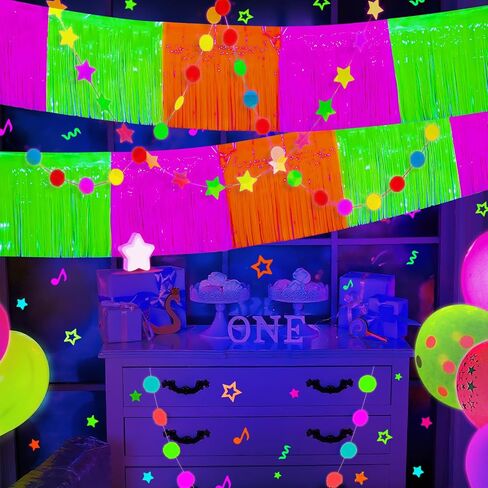 Mega-L Glow in The Dark Party Supplies, 4 Pack Foil Fringe Garland Birthday Party Decorations 9.8 ft Fluorescent Macaron Yellow Metallic Tinsel Streamers Banner, Glitter Photo Booth Prop Table Skirt in Kuwait