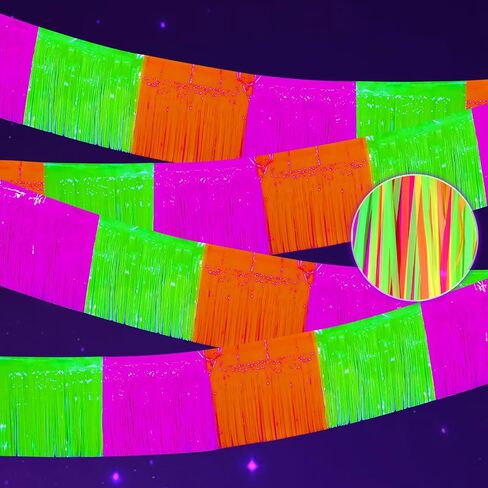 Mega-L Glow in The Dark Party Supplies, 4 Pack Foil Fringe Garland Birthday Party Decorations 9.8 ft Fluorescent Macaron Yellow Metallic Tinsel Streamers Banner, Glitter Photo Booth Prop Table Skirt in Kuwait