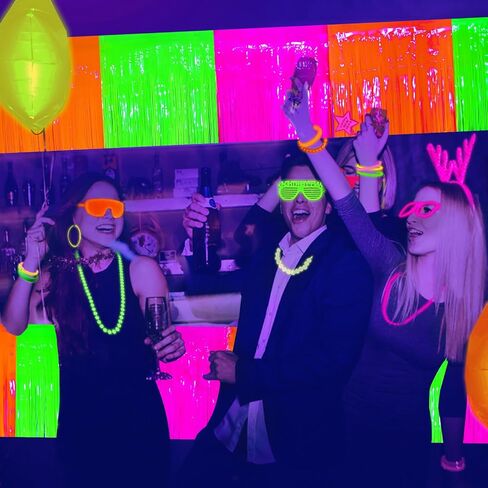Mega-L Glow in The Dark Party Supplies, 4 Pack Foil Fringe Garland Birthday Party Decorations 9.8 ft Fluorescent Macaron Yellow Metallic Tinsel Streamers Banner, Glitter Photo Booth Prop Table Skirt in Kuwait