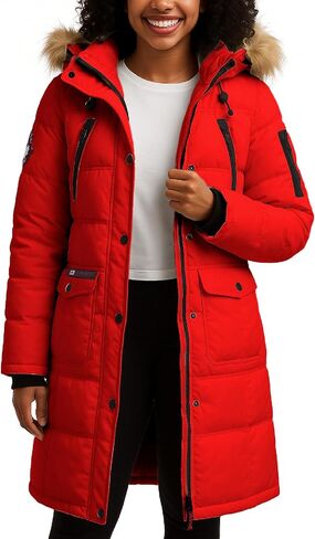 معطف طويل منتفخ للنساء من CANADA WEATHER GEAR - جاكيت ثقيل الوزن مقاوم للماء والرياح من الفرو الصناعي سترة شتوية للنساء، مقاس كبير، طاووس in Saudi Arabia