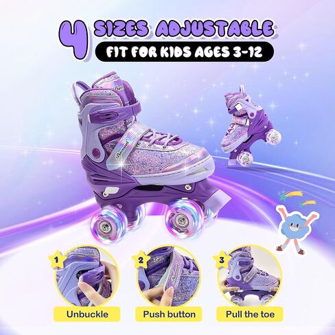 Kids Roller Skates for Girls Boys 4 Size Adjustable Ages 3-5 5-8 6-12 Quad Rollerskates with Light Up Wheels for Beginner Children's Birthday Gift patines para niñas Outdoor Sports in Saudi Arabia
