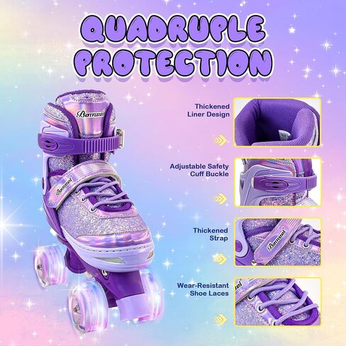 Kids Roller Skates for Girls Boys 4 Size Adjustable Ages 3-5 5-8 6-12 Quad Rollerskates with Light Up Wheels for Beginner Children's Birthday Gift patines para niñas Outdoor Sports in Saudi Arabia