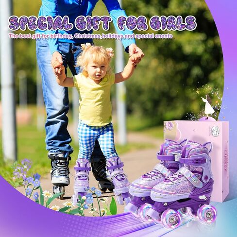 Kids Roller Skates for Girls Boys 4 Size Adjustable Ages 3-5 5-8 6-12 Quad Rollerskates with Light Up Wheels for Beginner Children's Birthday Gift patines para niñas Outdoor Sports in Saudi Arabia