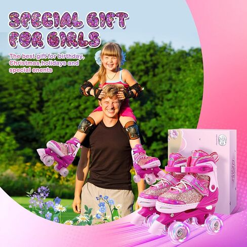 زلاجات دوارة للأطفال للبنات والأولاد 4 مقاسات قابلة للتعديل للأعمار 3-5 5-8 6-12 زلاجات رباعية مع عجلات مضيئة هدية عيد ميلاد للأطفال المبتدئين رياضات خارجية in Kuwait