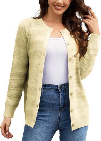 Bgklfeo Women's Lightweight Crew Neck Button Down Long Sleeve Cardigan Knit Open Front Sweater in Kuwait