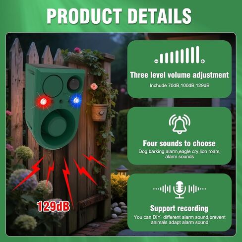 ChunHee Solar Outdoor Motion Sensor Alarm with Dog Barking Alarm Sound, Support Recording and Adjustable Volume, 129db Loud Noise Maker 4 Work Modes Strobe Light for Home, Villa, Farm, Barn (1pack) in Saudi Arabia