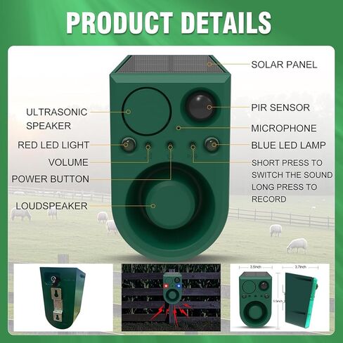 ChunHee Solar Outdoor Motion Sensor Alarm with Dog Barking Alarm Sound, Support Recording and Adjustable Volume, 129db Loud Noise Maker 4 Work Modes Strobe Light for Home, Villa, Farm, Barn (1pack) in Saudi Arabia